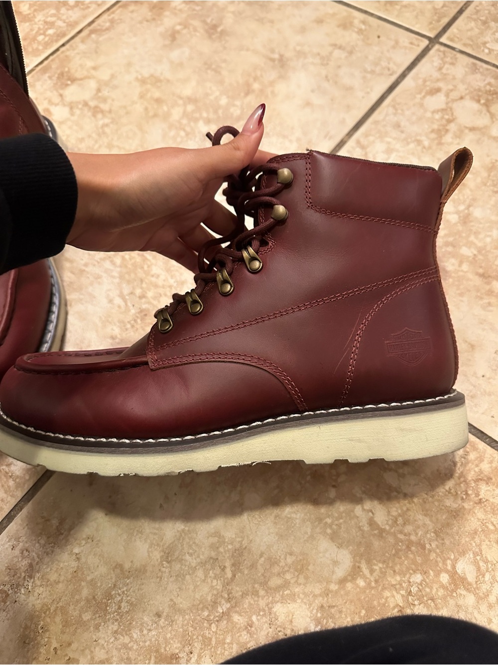 Harley-Davidson Men's Maroon Leather Moc Toe Boots with White Sole